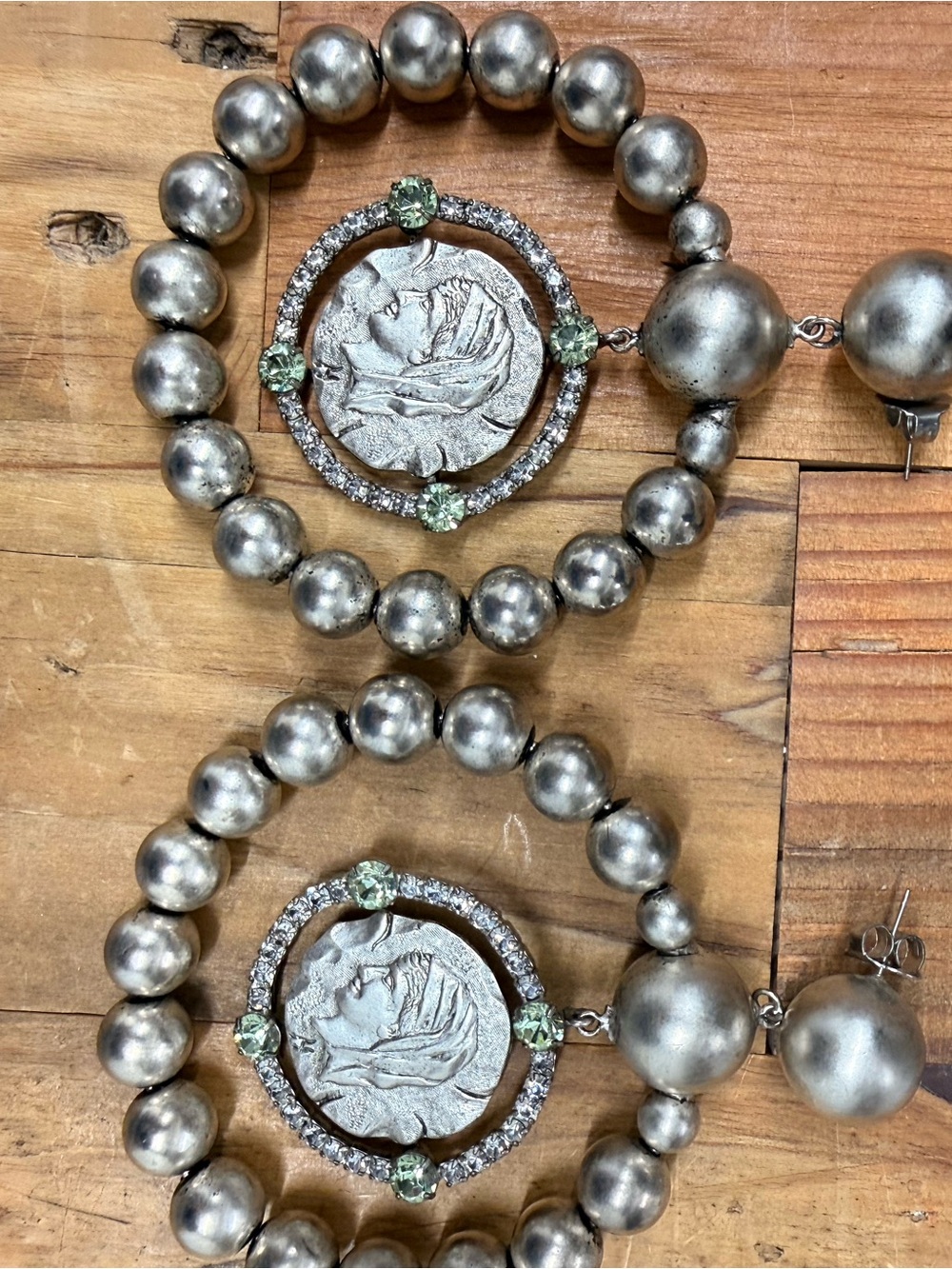 Silver-Tone Beaded Hoop Earrings with Green Crystal Accents and Medallion